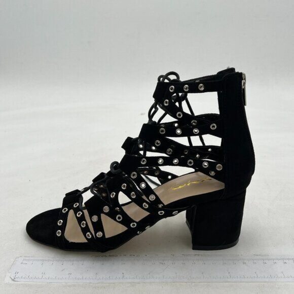 XYD Black Gladiator Caged Block Heel Open Toe Straps Cutout Back Zipper Sandals - Picture 2 of 8